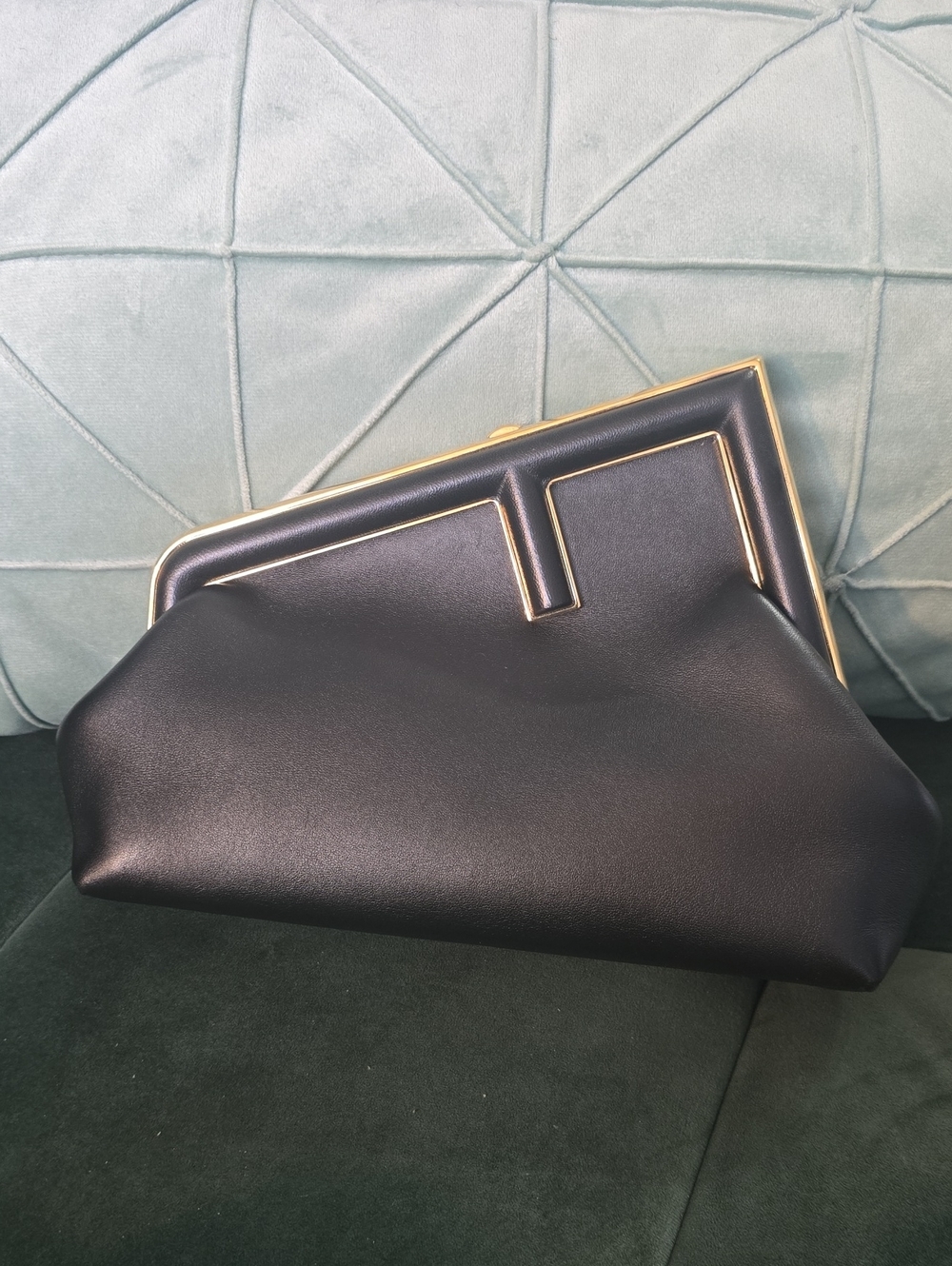 Fendi Black Leather Frame Crossbody Bag with Gold Trim